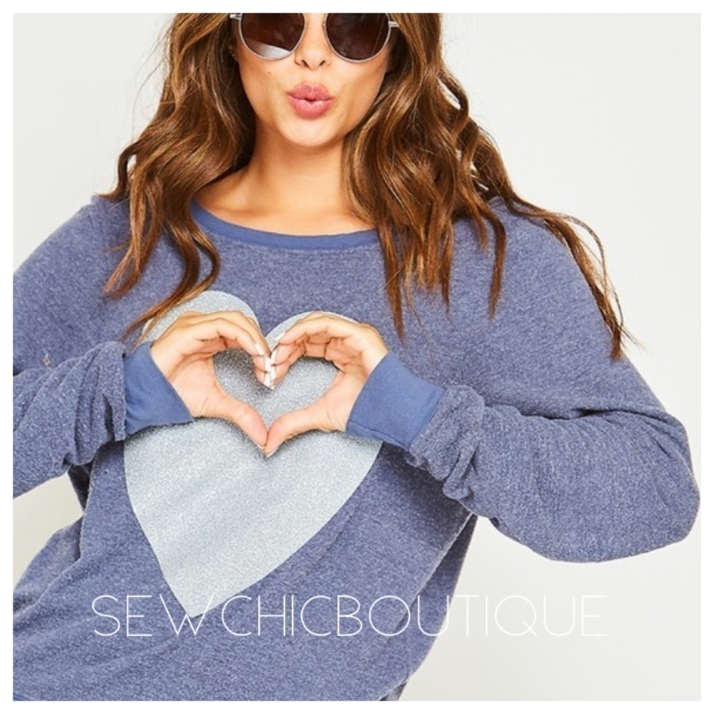Dusty Blue Shimmering Heart Long Slv Knit Top